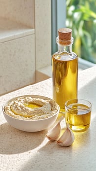 Hummus with olive oil and garlic cloves. Healthy Mediterranean food on a kitchen counter photo