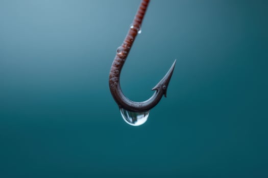Hook dangling above water surface with a drop of water at the tip photo