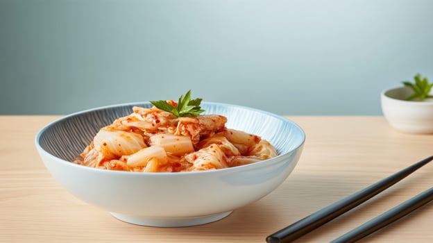 Kimchi in bowl. Side dish preparation on wooden table with green accents. Recipe ideas photo