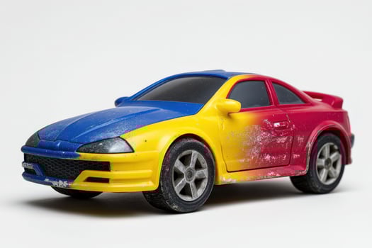 Toy car with scratches on surface showcasing vibrant colors and unique design photo