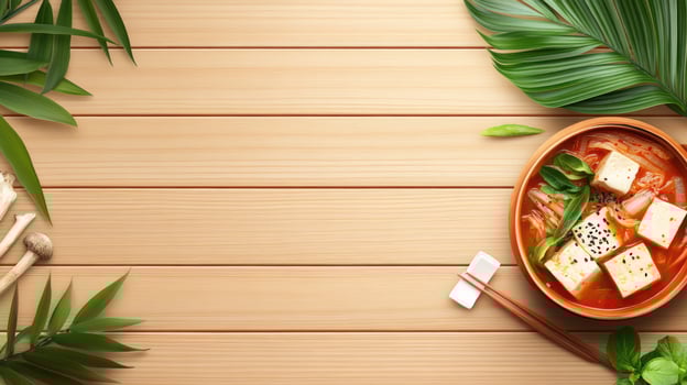 Kimchi stew with tofu in bowl on wood background with tropical leaves. Food blog image photo