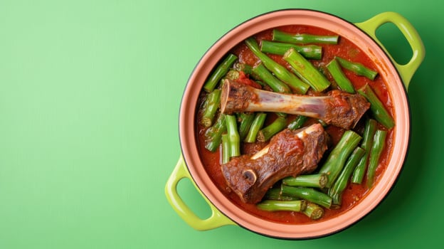 Lamb shank and green beans with tomato sauce in pot, ready to be served photo