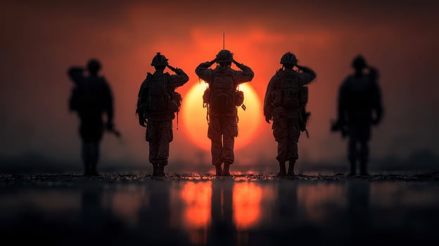Silhouettes of soldiers saluting at sunset during a military ceremony near a base photo