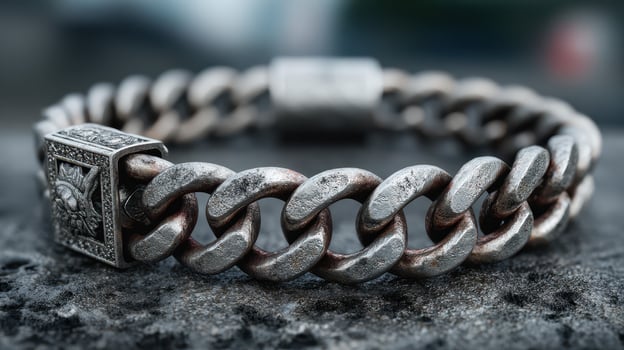 Silver chain bracelet with ornate details resting on a textured surface in bright natural light photo