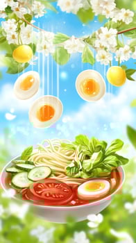 Noodle bowl with egg and salad, falling from a tree. Lunch in sunny nature. Food blog photo
