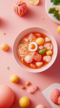 Noodle bowl with fish, egg, vegetables, and red broth on pink background, suitable for food blogs photo