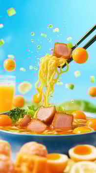 Noodle dish being lifted with chopsticks in bright sky background for commercial food photography photo