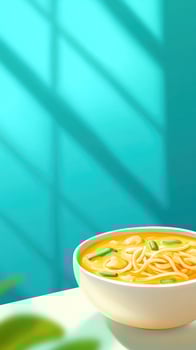 Noodle soup on a white table against blue wall and soft shadows. Food blog image photo