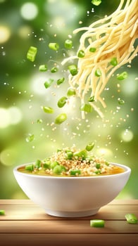 Noodles being poured into a bowl, scallions are in the background. Use for food advertising photo