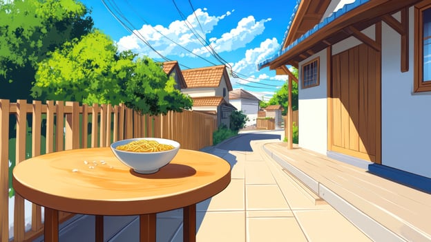 Noodles on the veranda on a sunny day. Quiet neighborhood and blue sky. Food blog image photo
