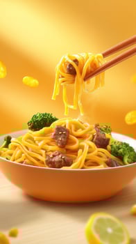 Noodles served with chopsticks and beef and broccoli, on yellow backdrop, for dining photo