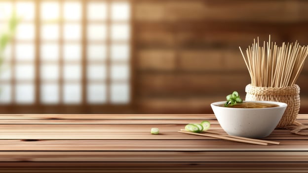 Noodles served on a wooden table with chopsticks, sunlight, and background window. Food blog photo