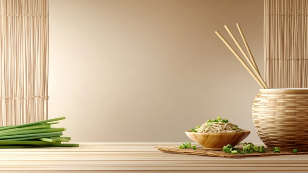 Noodles with chives on wood, Asian design setting, zen background, for restaurant menu photo