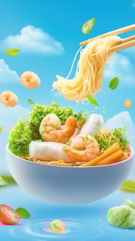 Noodles with shrimp on blue background being lifted by chopstick. For recipes, food blogs photo