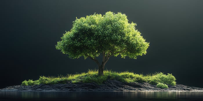 Lush green tree stands alone on a small island surrounded by still water at dusk under a soft, serene atmosphere photo