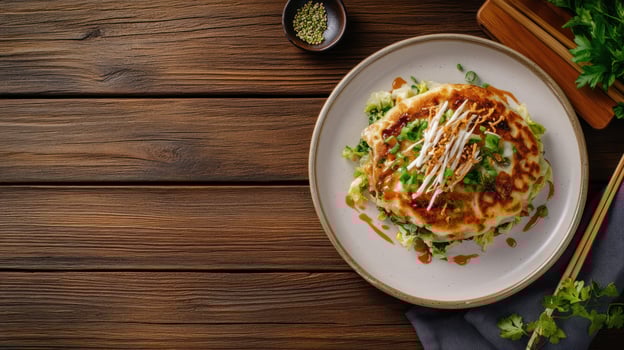 Okonomiyaki dish served with garnish on plate, set on wooden table with chop sticks in background photo
