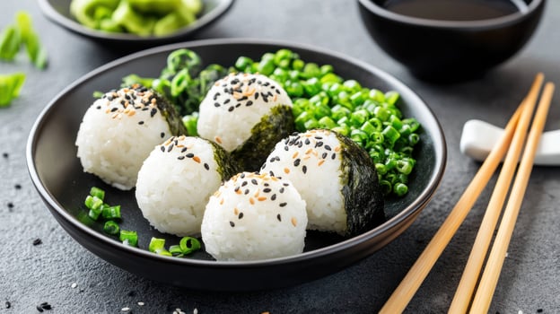 Onigiri on plate with green garnish and chopsticks, served, ready for eat photo