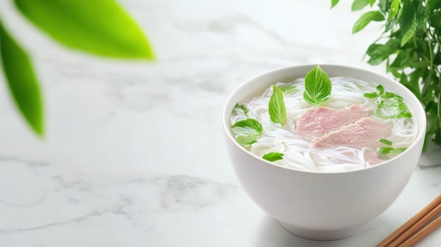 Pho rice noodles, meat, and herbs, in broth. Asian cuisine for lunch against a marble background photo