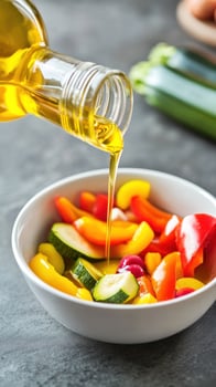 Pouring oil on a fresh colorful salad on a kitchen counter for a healthy lunch photo