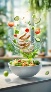 Salad ingredients levitate into bowl healthy lifestyle and nutrition concept in domestic kitchen photo