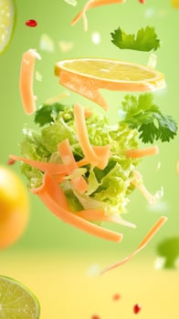 Salad toss Lettuce, carrots, lime flying on yellow-green background. Healthy diet for recipe, cooking ads photo