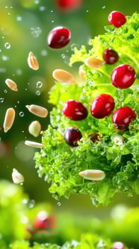 Salad preparation Kale, cranberries, and sunflower seeds falling mid-air, healthy, natural and vibrant photo