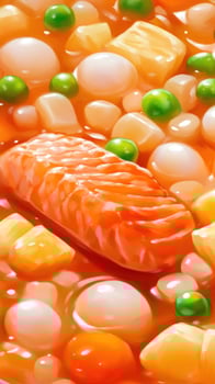 Salmon fillet with potatoes and peas in broth, for food blogs and recipe websites photo