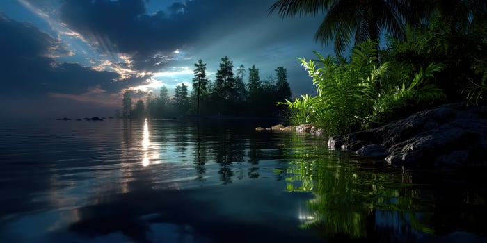 Serene nighttime view of a tranquil lake with lush plants and soft light reflections in a peaceful natural setting photo