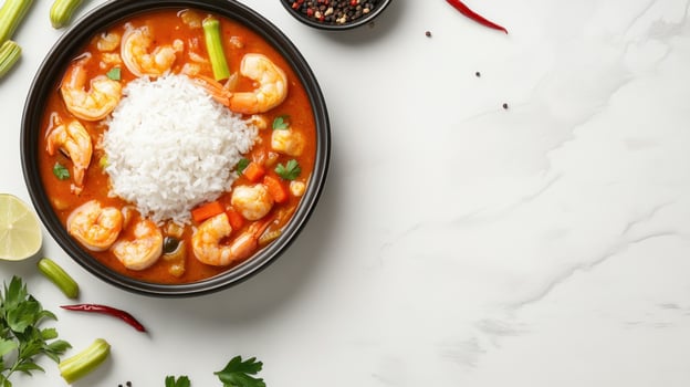 Shrimp etouffee with rice served on plate on counter, cooking ingredients around it, food blog photo