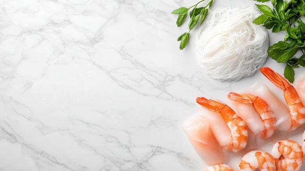 Shrimp, fish fillet, noodle, and herb ingredients on marble surface for cooking recipes photo