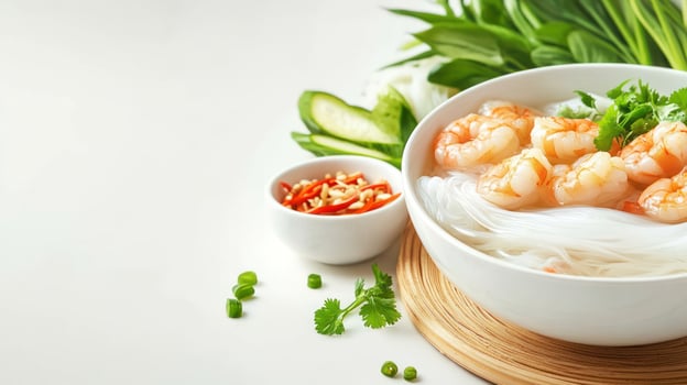 Shrimp Noodle Soup Close up of asian dish on white background. Possible use Food blog photo