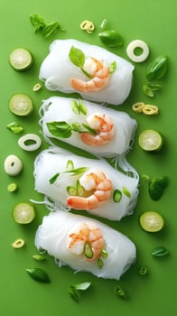 Shrimp noodles on green background, with green vegetables. Food photography, cooking blog photo