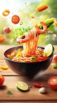 Shrimp noodles floating, garden background, food blog, cooking recipes photo