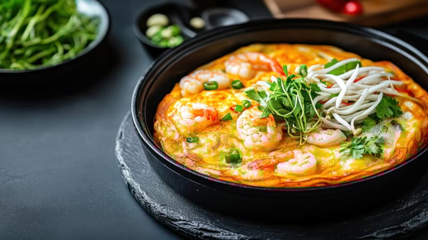 Shrimp omelette with sprouts and herbs is cooking in a pan on a black background, ready to eat photo
