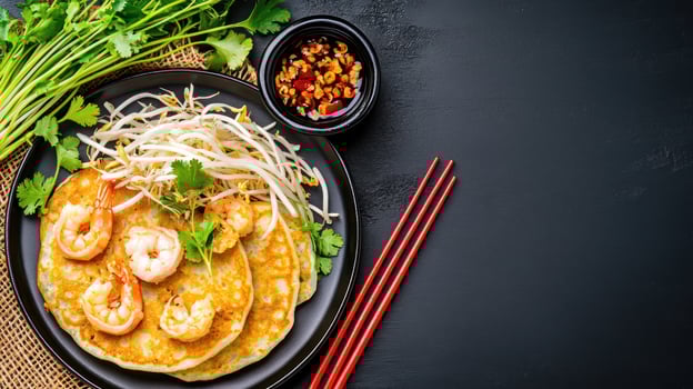 Shrimp pancake with bean sprouts on dark plate, chili sauce on the top, may be used for cooking photo