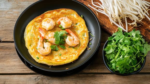Shrimp pancake with herbs, cooking on pan, bean sprouts and cilantro nearby, recipe use photo