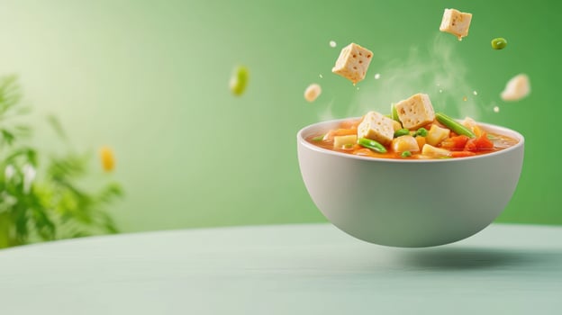 Soup with vegetables, airborne tofu, and steam rising from the bowl on a green background. Healthy eating photo