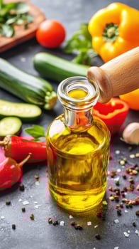 Still life of olive oil bottle with peppers and zucchini on a slate countertop, for healthy cooking photo