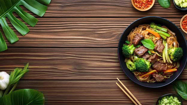 Stir-fried beef and veggies on wooden table with spices for menu or banner advertisement photo