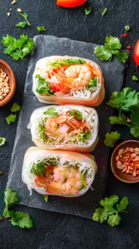 Summer rolls with shrimp on stone surface. Fresh herbs. Healthy food, cooking concept photo