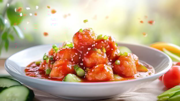 Sweet and sour shrimp served in a bowl, sesame falling, blurred background, home cooking photo
