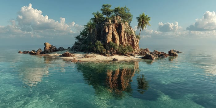 Secluded island with rocky outcrop, palm trees, and clear waters under cloudy sky at dawn photo