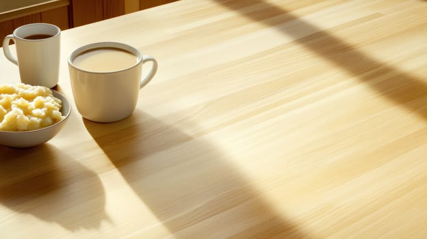 Table setting with light, coffee, tea and potato salad. Use it to illustrate breakfast or lunch photo