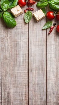 Tofu blocks served with tomatoes, peppers and basil herbs, on a wooden backdrop for recipes photo