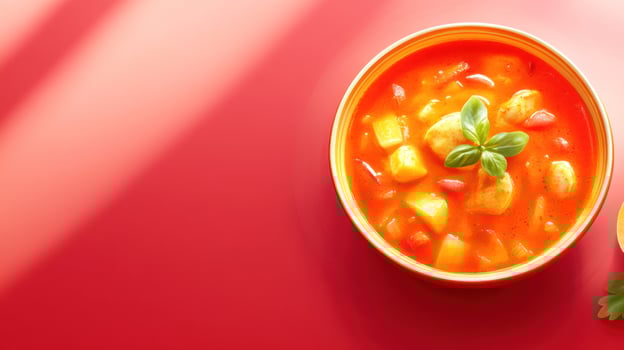 Tomato soup with basil, and potatoes in a bowl on a red surface for lunch photo