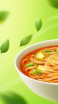 Tomato soup with noodles and basil leaves, studio shot for food marketing promotion use photo