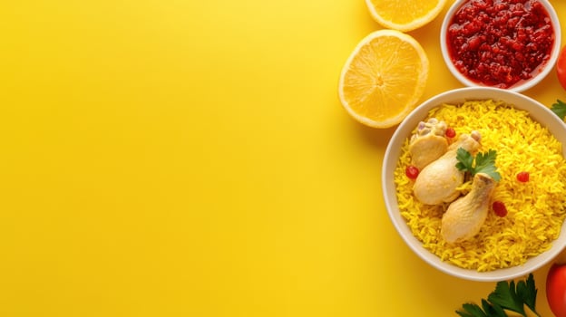 Yellow Rice bowl on vibrant table Orange and Tomato as side dishes space for recipes photo