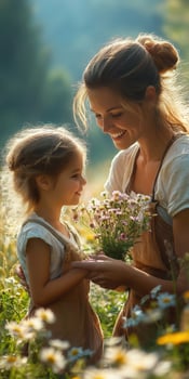 Mother and daughter share a joyful moment in a blooming meadow during golden hour photo
