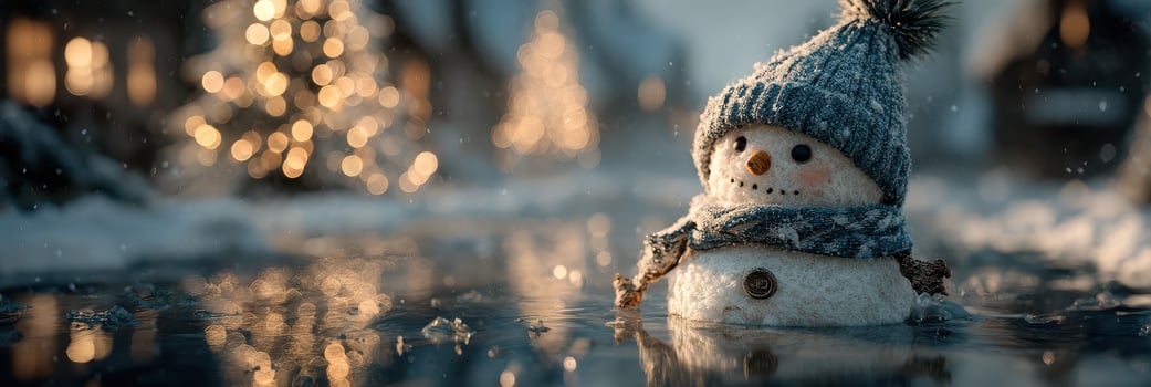 Snowman wearing a scarf and hat stands in shallow water amidst a winter village with twinkling lights at dusk photo