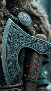 Celtic axe close-up with intricate design against a historical, snowy backdrop photo